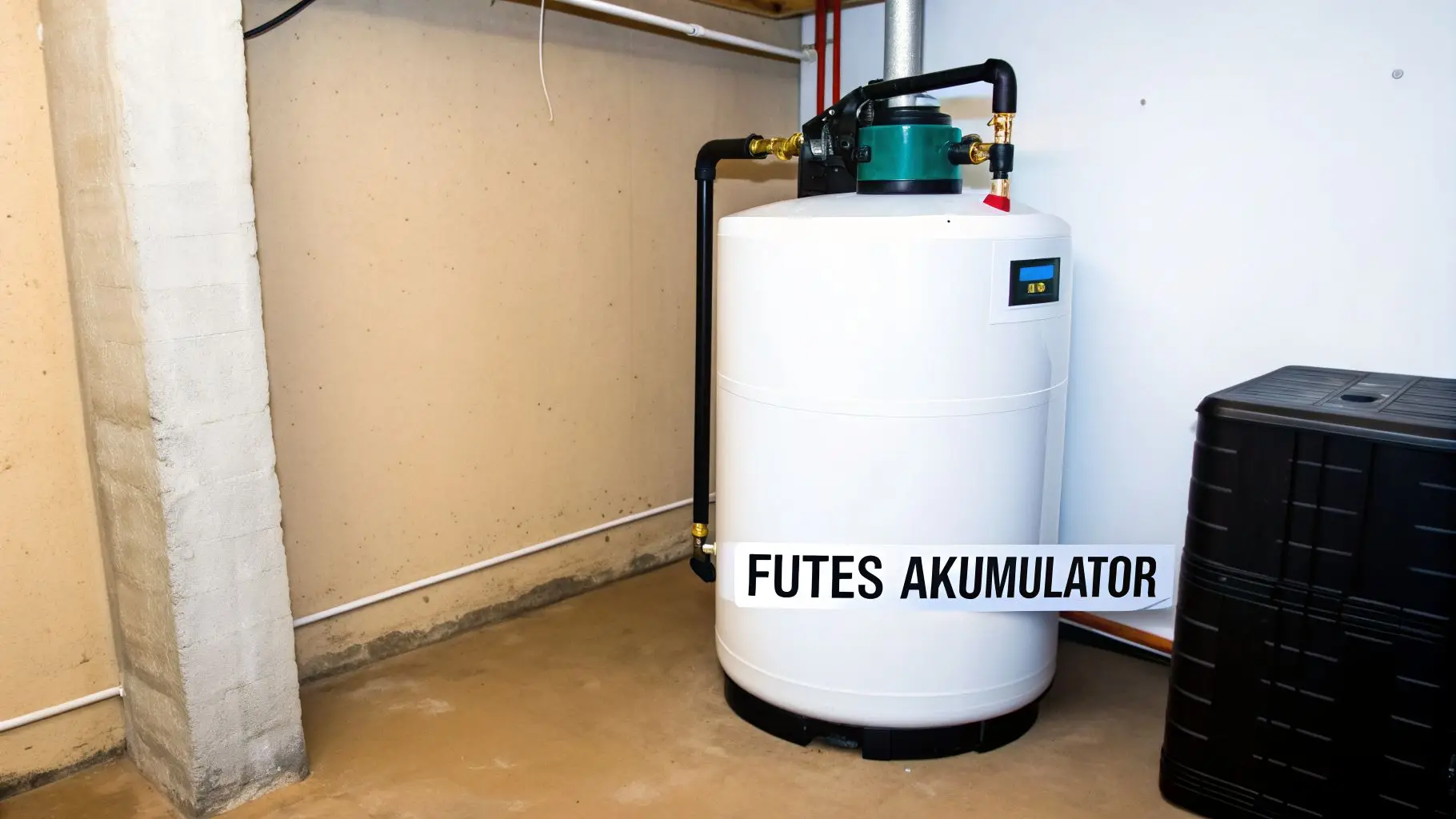 Fehér fűtési puffertartály látható egy pincehelyiségben, fekete csövekkel és kiegészítőkkel felszerelve, mellette beton oszlop.