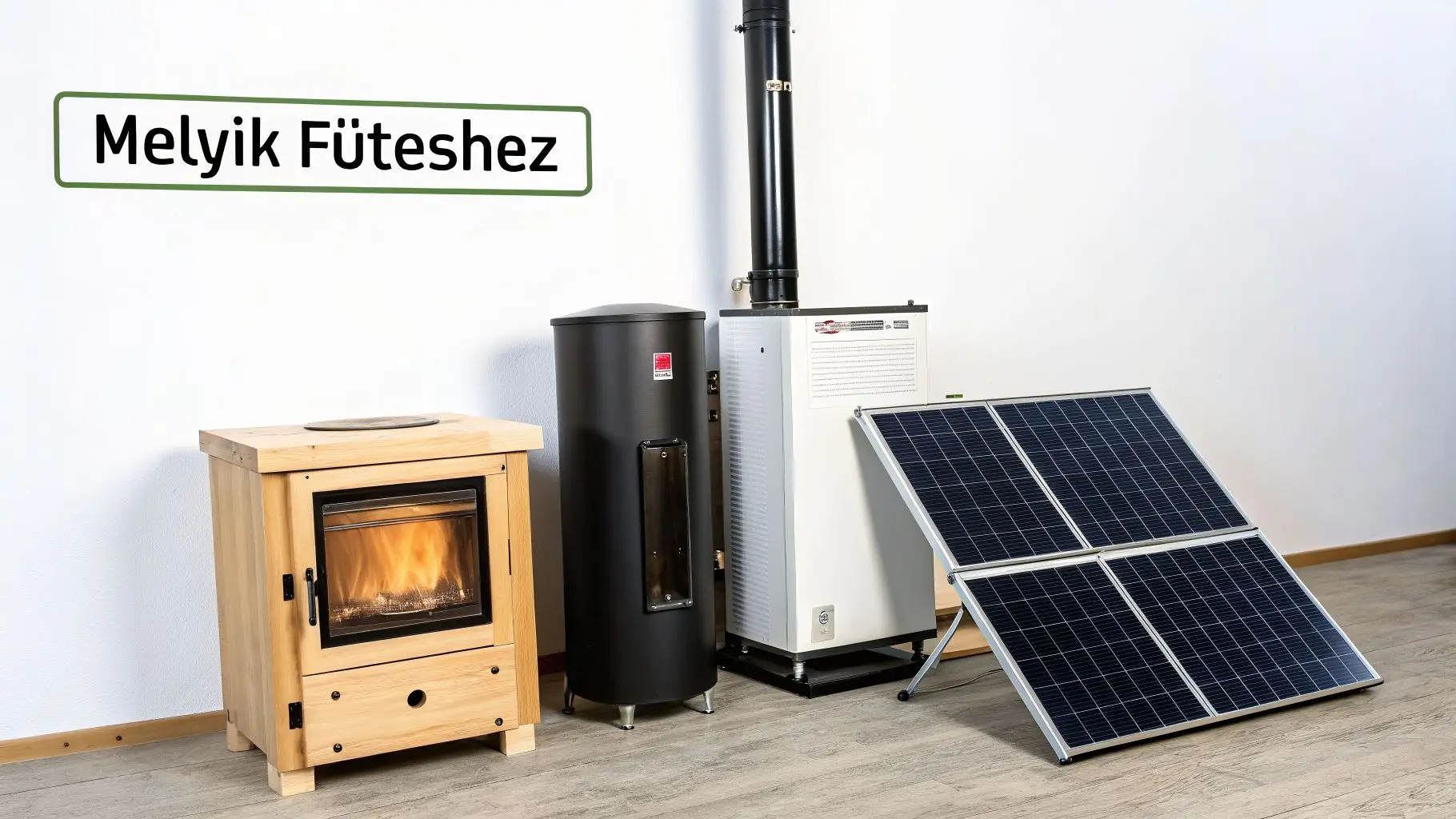Különböző fűtési megoldások bemutatása, beleértve egy fatüzelésű kályhát, puffertartályt és napelemeket.