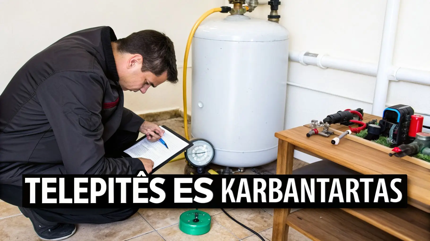 Szerelő ellenőrzi a puffertartályt és rögzíti az adatokat, eszközökkel körülvéve. Telepítés és karbantartás.