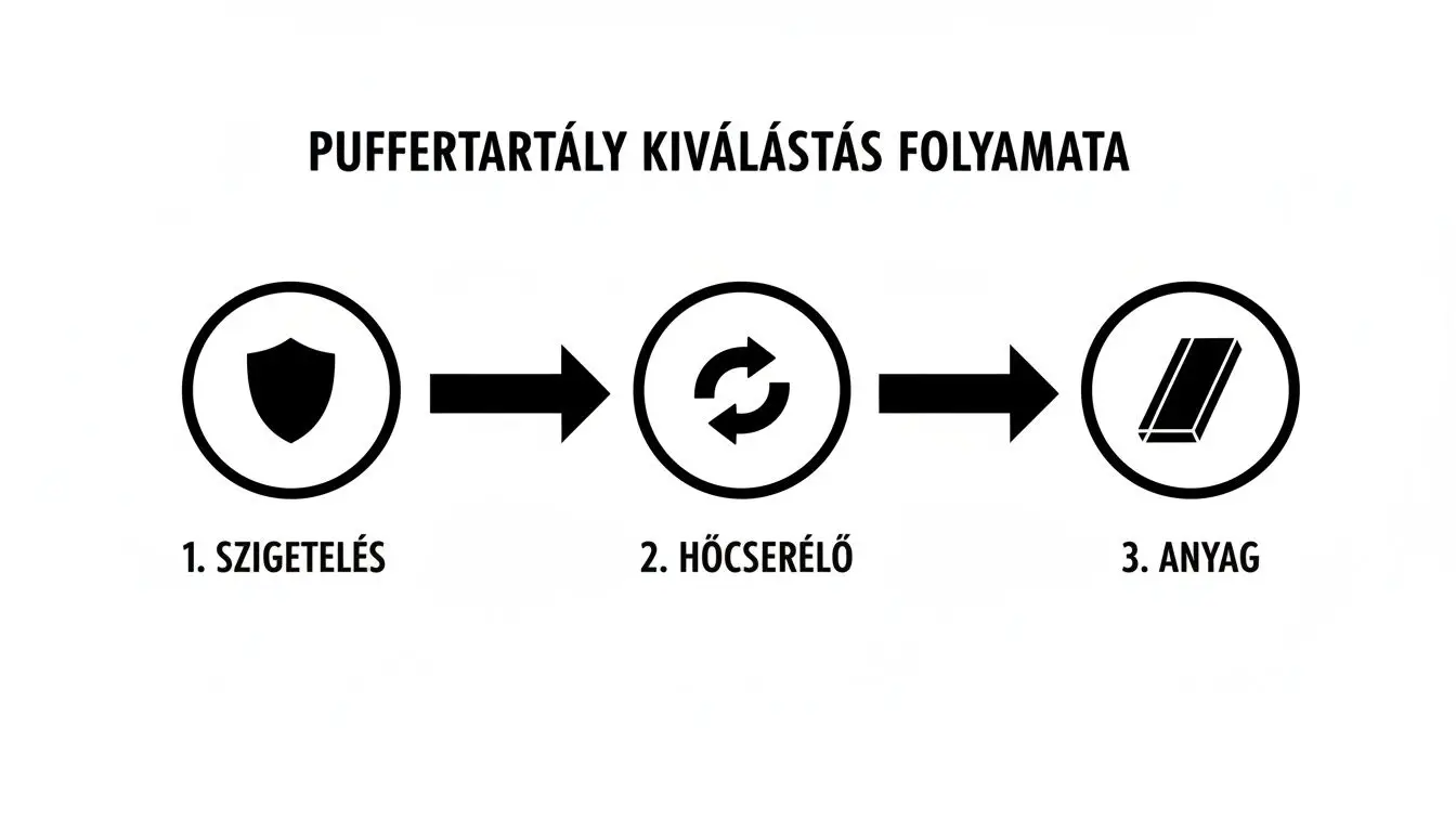 A puffertartály kiválasztásának folyamatát bemutató diagram, mely a szigetelést, hőcserélőt és anyagot lépésről lépésre szemlélteti.