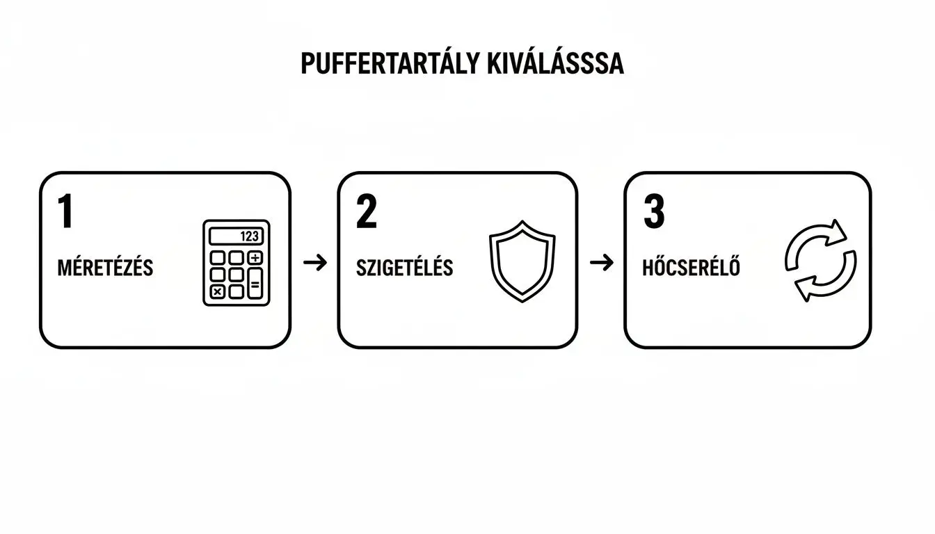 Háromlépéses folyamatábra puffertartály kiválasztásához: méretezés, szigetelés és hőcserélő.