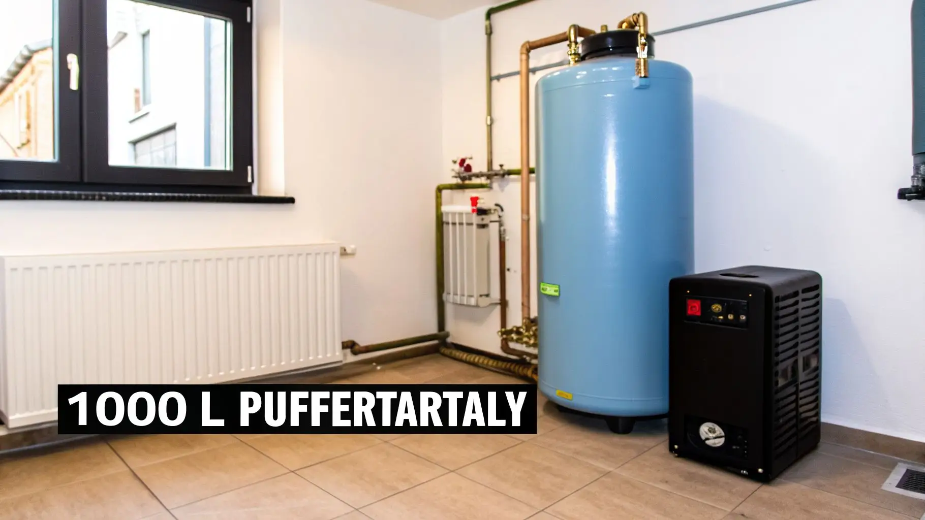 Egy modern, világos helyiségben egy 1000 literes kék puffertartály látható radiátorral és csőrendszerrel.