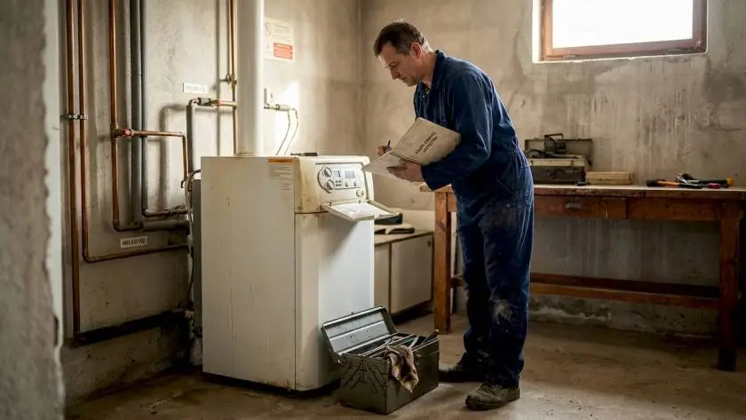 A szerelő éppen átvizsgálja a kazánt a családi ház alagsorában.