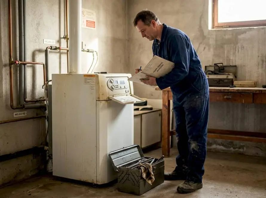 A szerelő éppen átvizsgálja a kazánt a családi ház alagsorában.