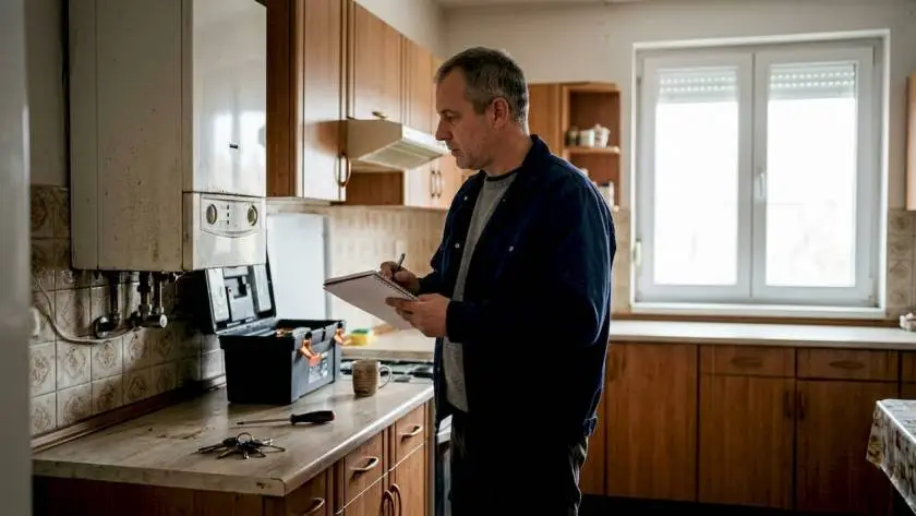 Egy szakember átnézi a lakásban működő régi kazánt.