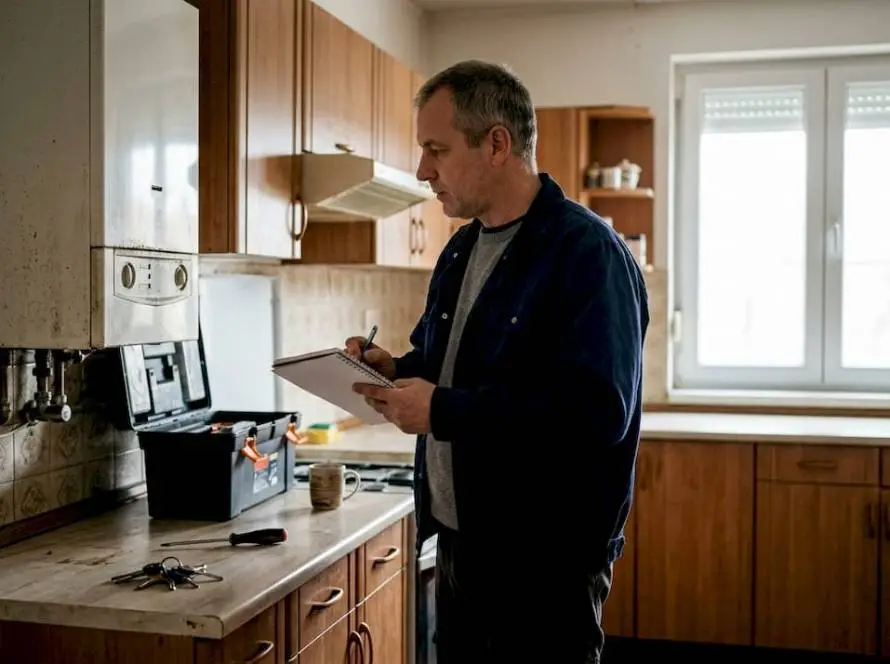 Egy szakember átnézi a lakásban működő régi kazánt.