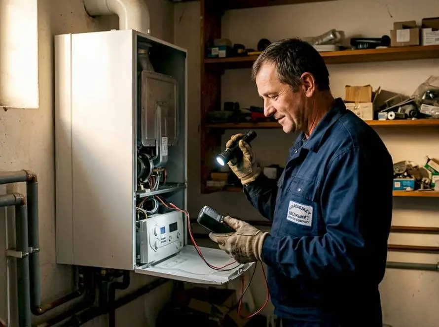 Gázkazán szerelő munkája a hibák feltárásakor