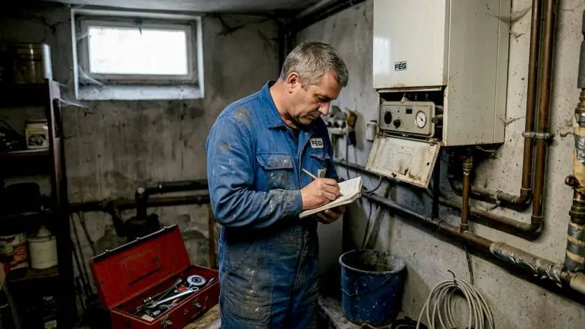 Egy kecskeméti pincében éppen a fűtésszerelő vizsgálja át a kazánt.