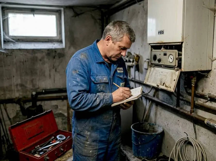 Egy kecskeméti pincében éppen a fűtésszerelő vizsgálja át a kazánt.