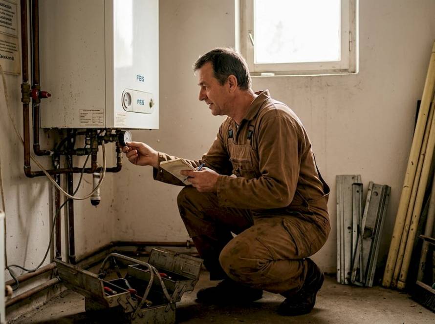 Egy családi házban a szerelő felméri, hogy szükség van-e a kazán cseréjére.