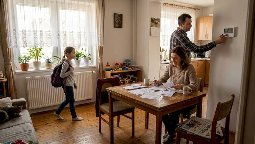 Egy család a napsütötte nappaliban épp a fűtést állítgatja, hogy mindenki számára kellemes legyen a hőmérséklet.