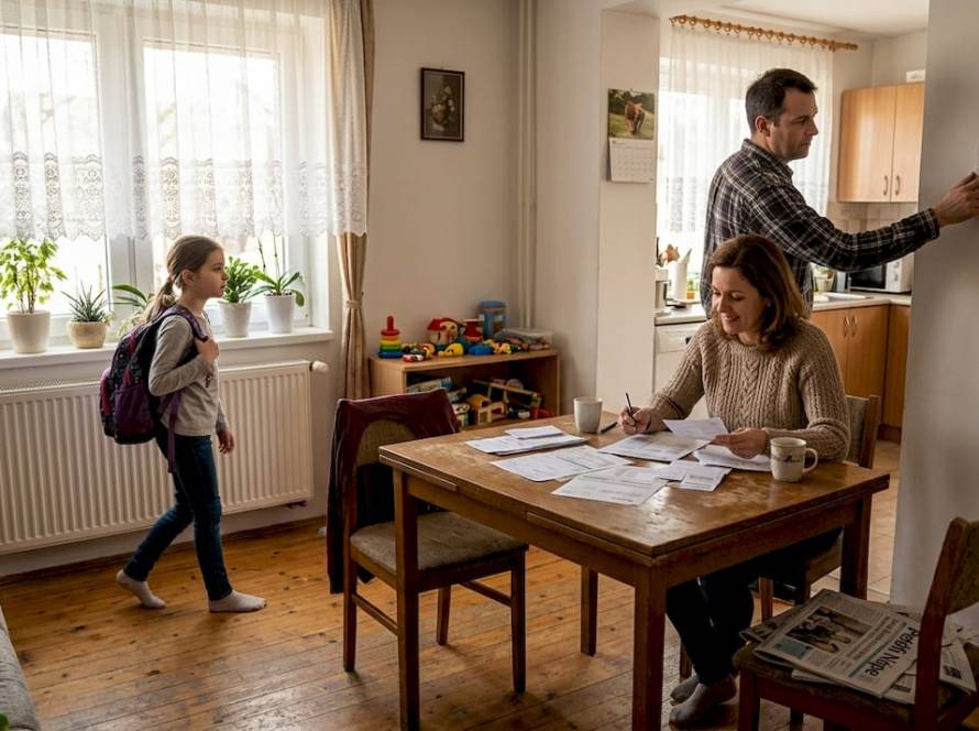 Egy család a napsütötte nappaliban épp a fűtést állítgatja, hogy mindenki számára kellemes legyen a hőmérséklet.