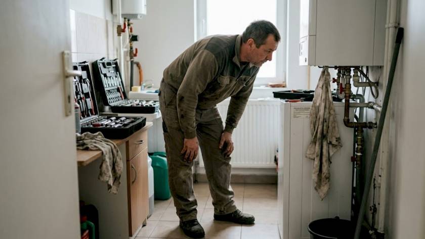 Egy szerelő dolgozik a házi kazánnál