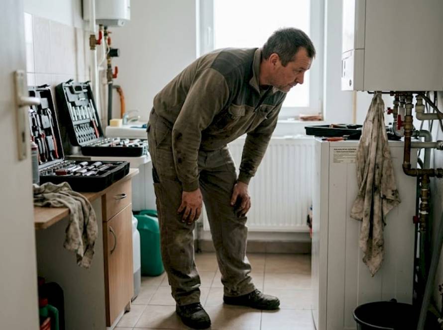 Egy szerelő dolgozik a házi kazánnál