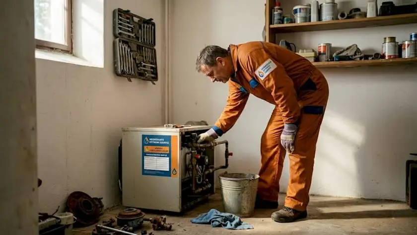 Maintenance worker in orange coveralls repairs a boiler in a small workshop with tools nearby