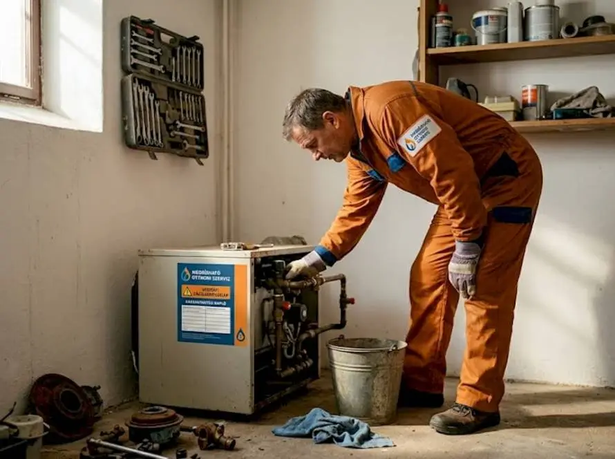 Maintenance worker in orange coveralls repairs a boiler in a small workshop with tools nearby