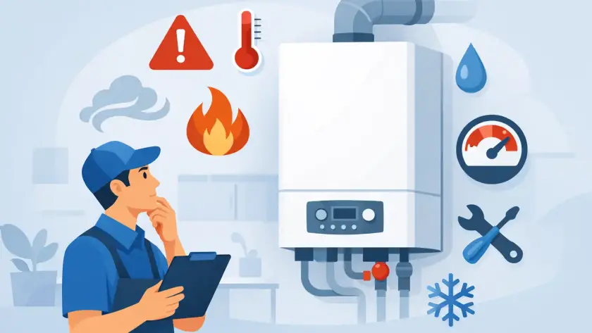 Technician holding a clipboard and inspecting a home boiler with warning icons, thermometer, and flames nearby, indicating a heating system check.