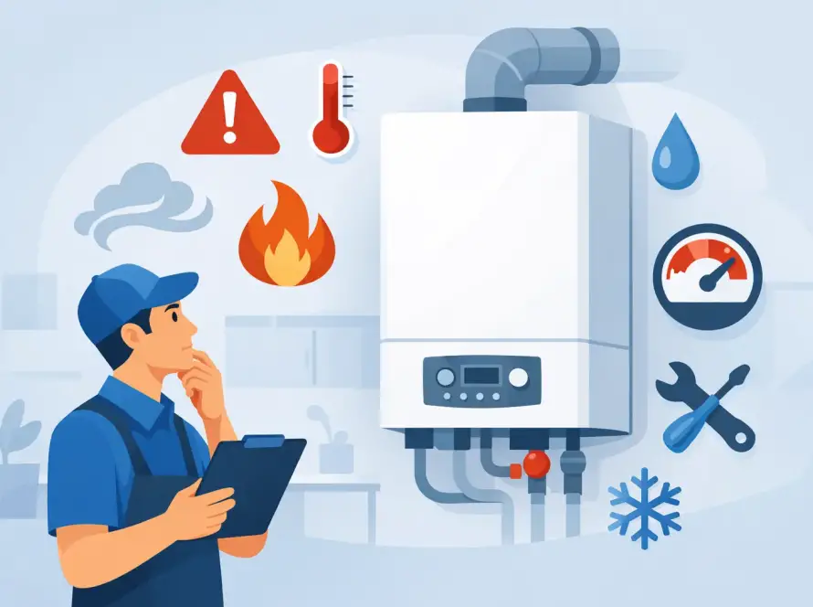 Technician holding a clipboard and inspecting a home boiler with warning icons, thermometer, and flames nearby, indicating a heating system check.