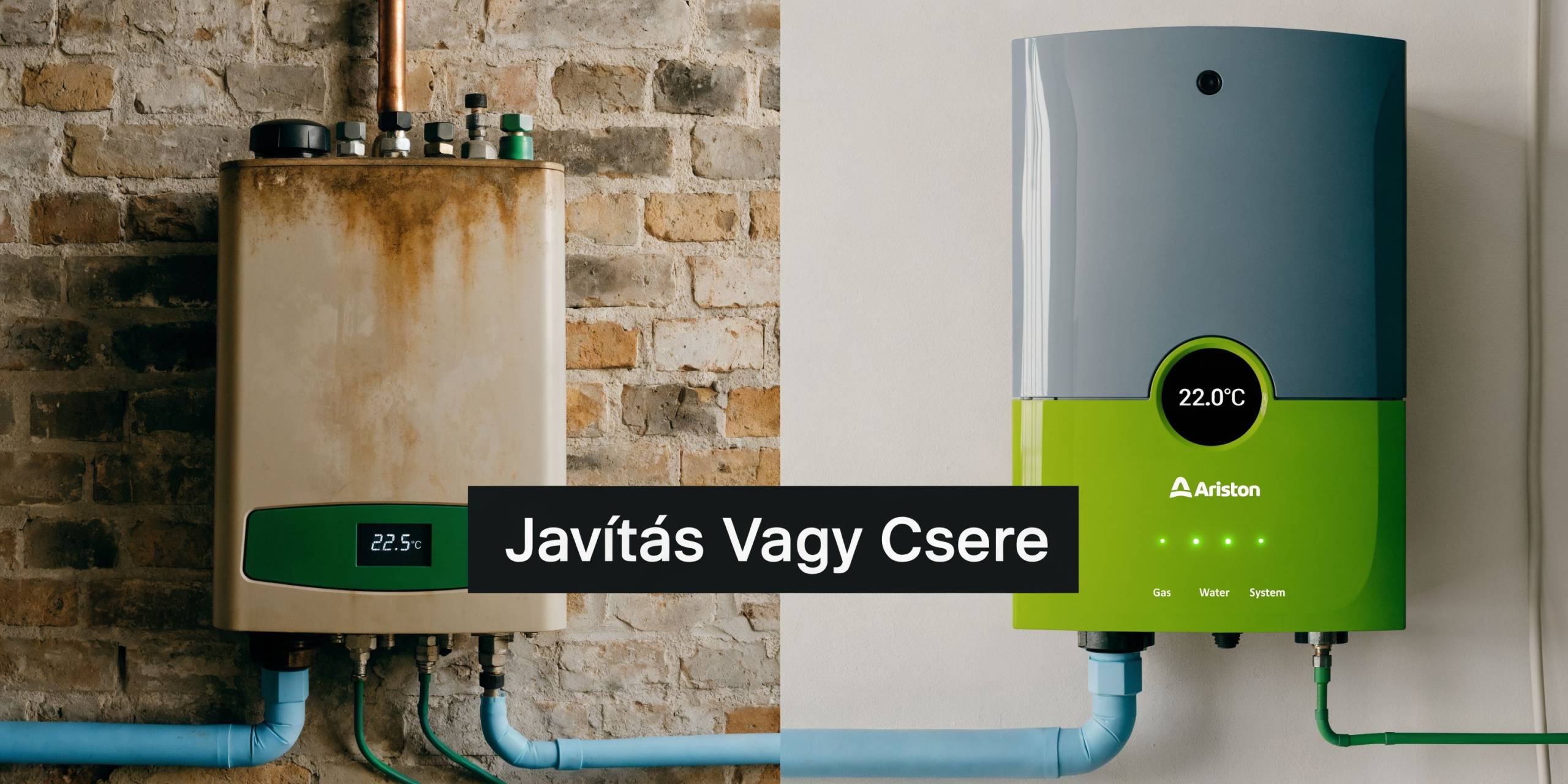 Egy régi, elhasználódott kazán és egy új, modern Ariston kazán összehasonlítása javítás vagy csere témában.