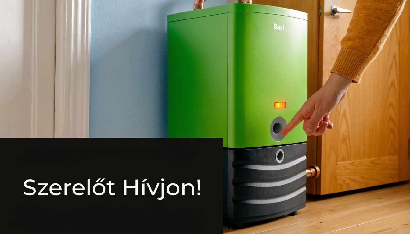 Egy kéz megérint egy Baxi kazánt, amelyen piros hibaüzenet jelzőfény világít, szerelőt igénylő karbantartás esetén.