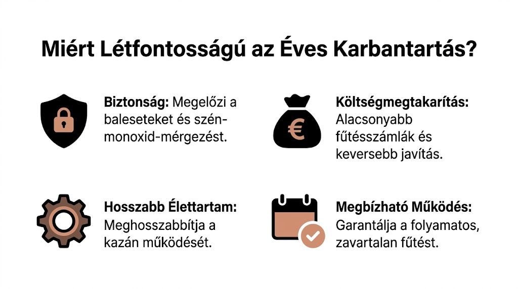 Infografika az éves kazán karbantartás fontosságáról, a biztonság, költségmegtakarítás, hosszabb élettartam és megbízható működés előnyeit kiemelve.