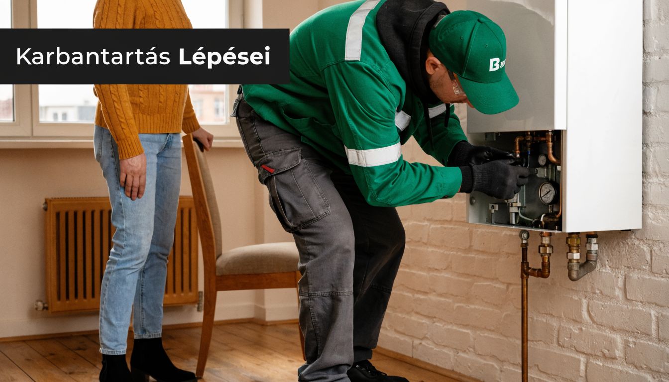 Egy szakember éppen egy Baxi kazán karbantartását végzi egy ügyfél jelenlétében, miközben a munkáját ellenőrzik.