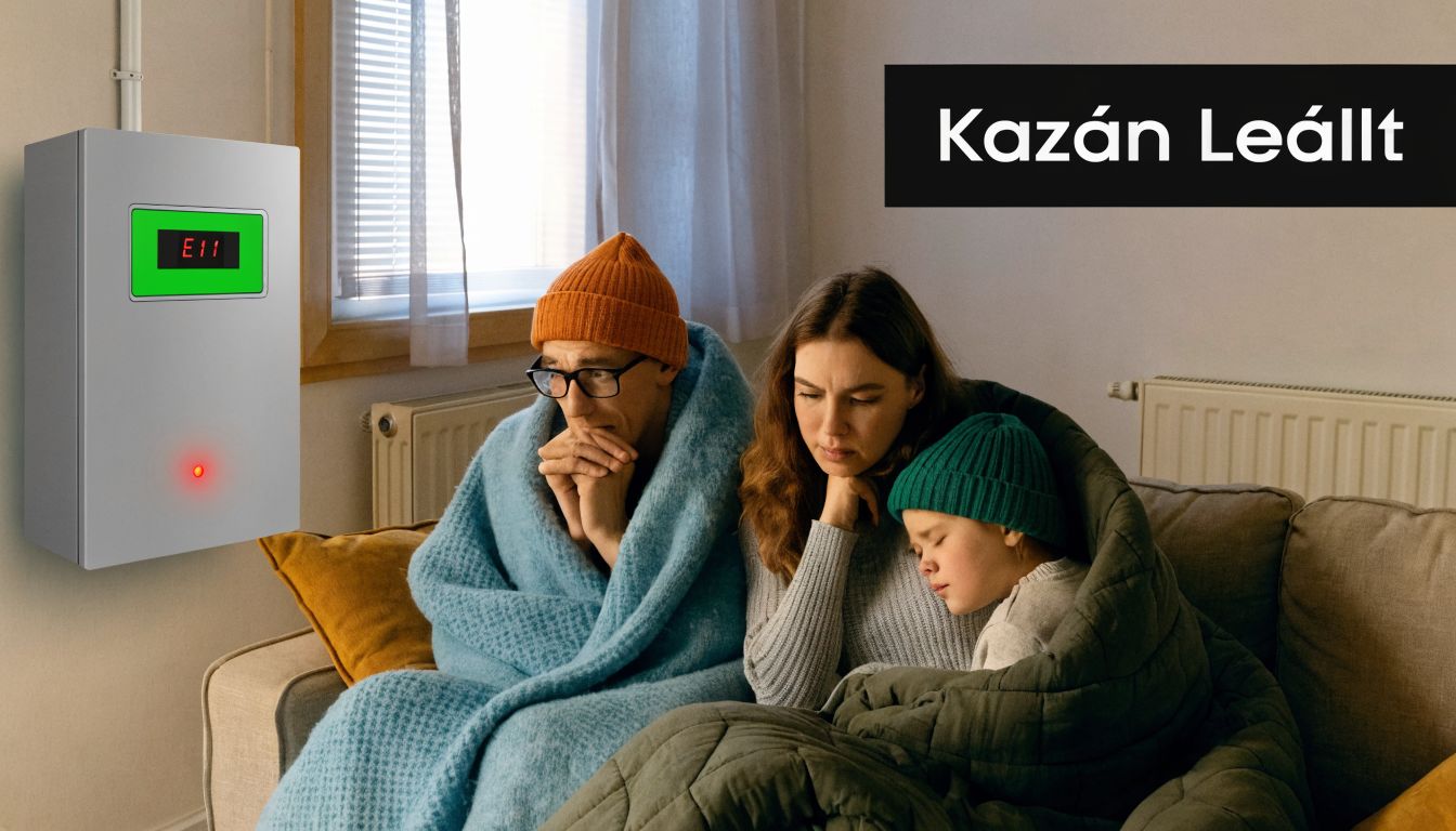 Egy család otthon ül a kanapén, miközben a kazán elromlott és fűtés nélkül maradtak a lakásban.