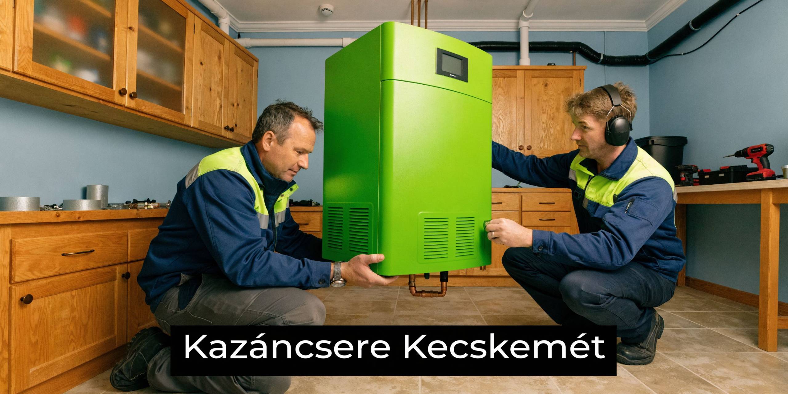 Két szakember éppen egy zöld kazánt szerel be egy házban, Kecskeméten történő szakszerű kazáncsere során.