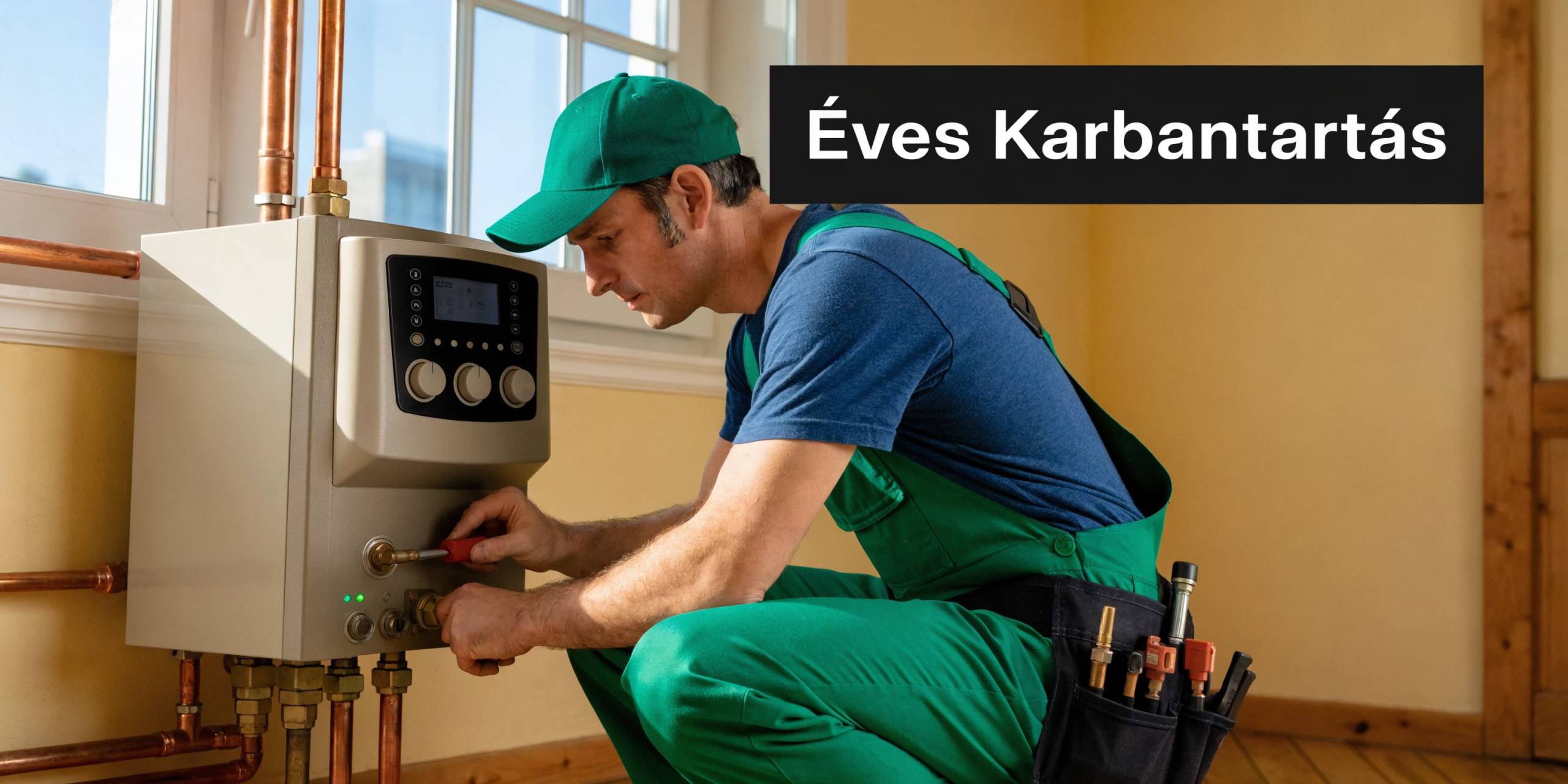 Egy szerelő zöld munkaruhában éves karbantartást végez egy modern gázkazánon, miközben szerszámait a derekán hordja.