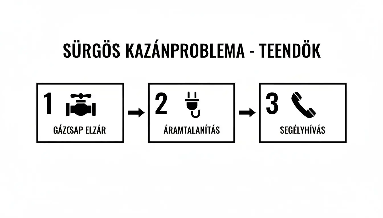 Háromlépéses útmutató sürgős kazánprobléma esetén: gázcsap elzárása, áramtalanítás, majd segélyhívás.