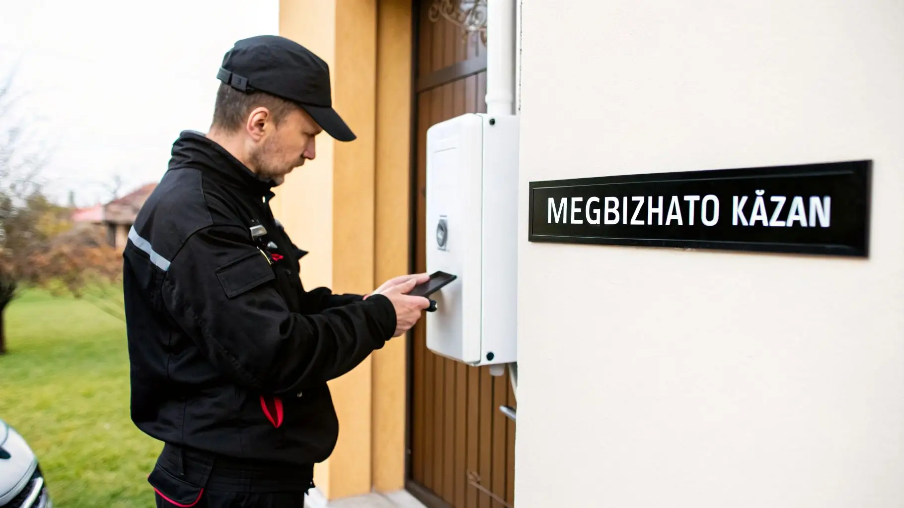 Egy fekete egyenruhás férfi okostelefonjával egy kültéri kazánvezérlőn dolgozik egy házfalon.