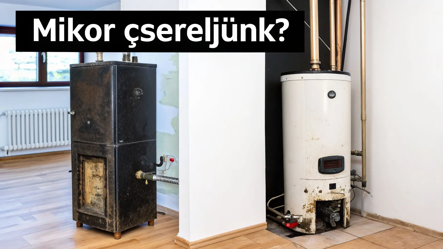 Két régi, rozsdás kazán és vízmelegítő látható, feltéve a kérdést: Mikor cseréljük le őket?