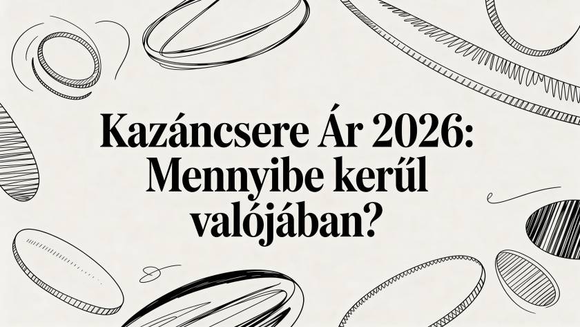 Hungarian headline in bold: 'Kazáncsere 2026: Mennyibe kerül valójában?' with decorative doodles around the text.