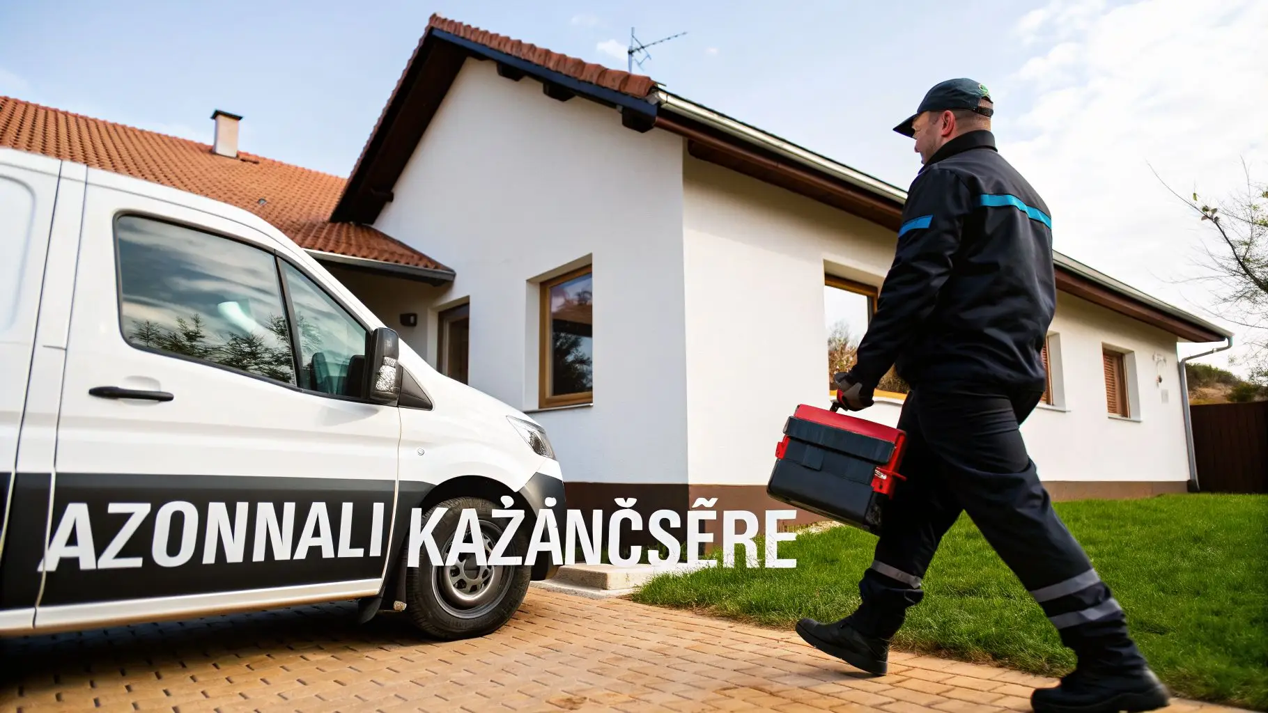 Egy szerelő szerszámosládával egy házhoz megy, mellette fehér furgon 'AZONNALI KAZÁNCSERE' felirattal.