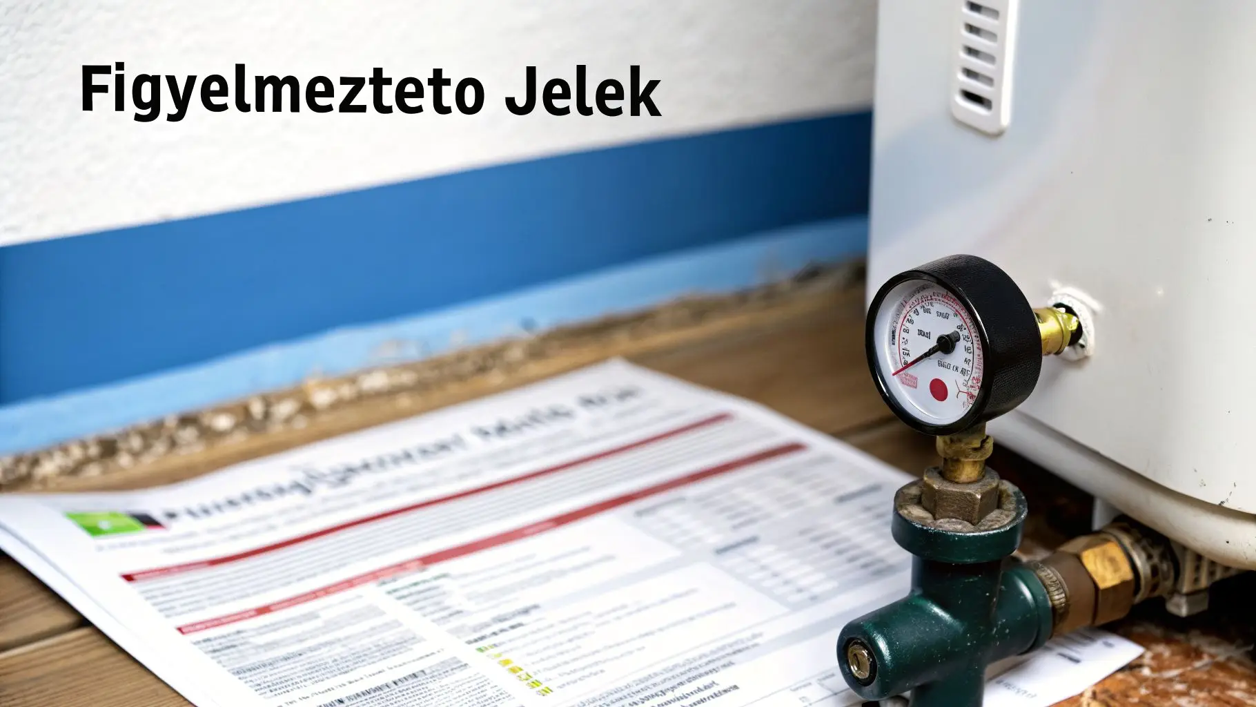 Egy vízmelegítő kazán nyomásmérővel és dokumentumokkal egy fapadlón, melyek a figyelmeztető jelekre utalnak.