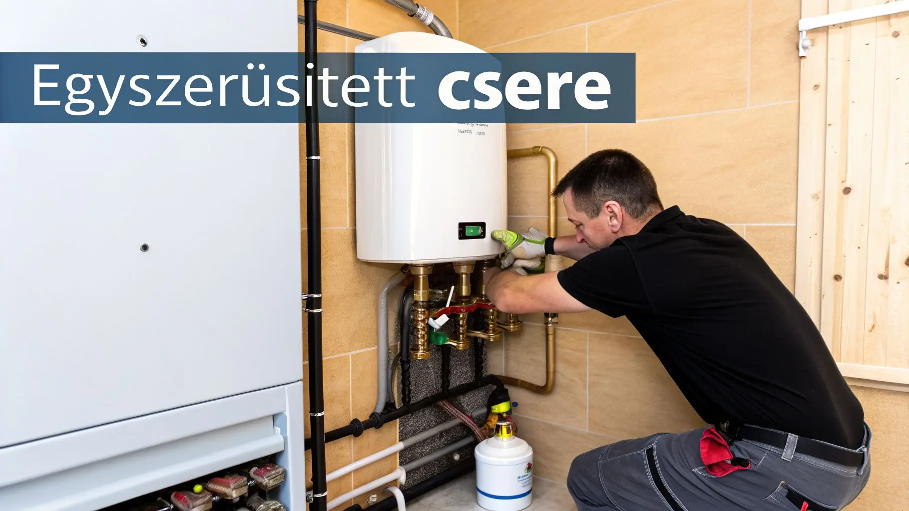 Szerelő munkálatok közben egy modern kazán vagy vízmelegítő rendszeren, felirat: Egyszerűsített csere.