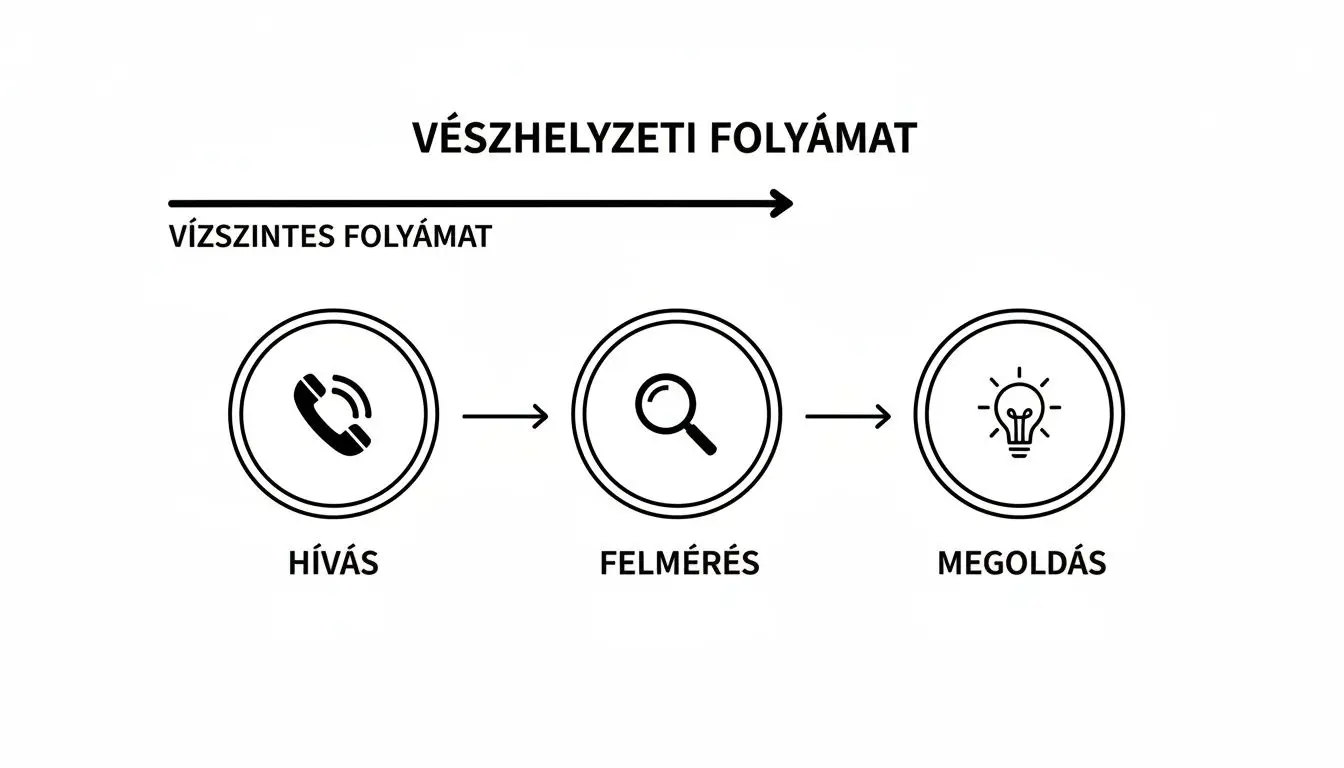 A vészhelyzeti folyamat lépéseit bemutató ábra: hívás (telefon ikon), felmérés (nagyító ikon), majd a probléma megoldása (izzó ikon).