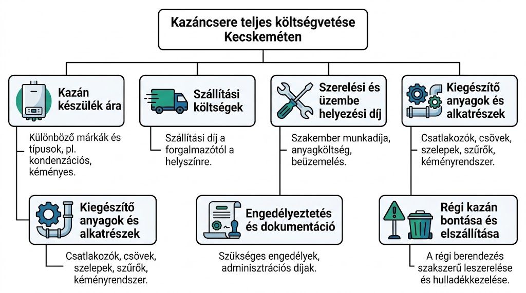 A kazáncsere teljes költségvetését bemutató folyamatábra, amely részletezi a készülék árát, szállítási díjakat, szerelést, engedélyezést és egyéb költségeket.