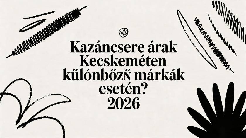 Hungarian poster asking about boiler prices in Kecskemét by different brands in 2026, surrounded by abstract black doodles.