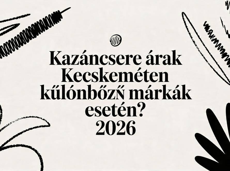 Hungarian poster asking about boiler prices in Kecskemét by different brands in 2026, surrounded by abstract black doodles.