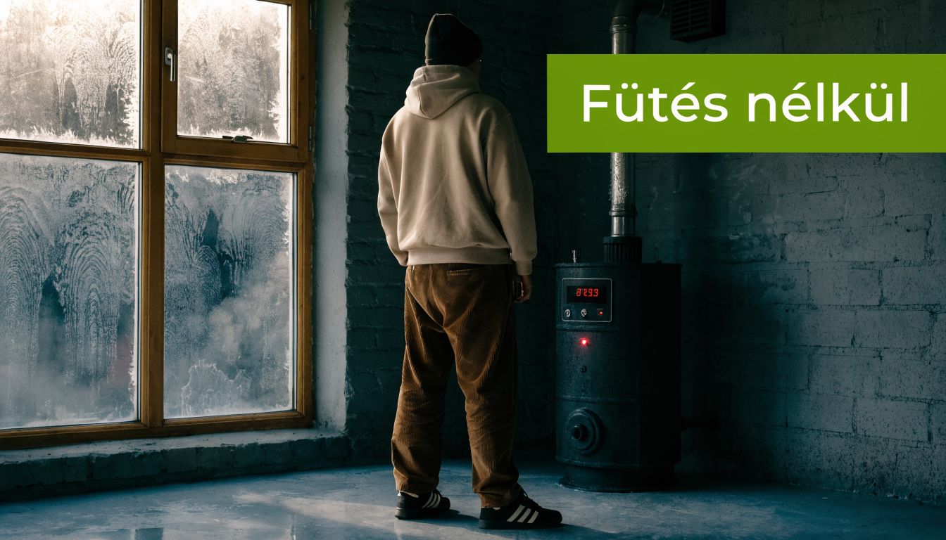 Egy fiatal férfi hátulról, aki fűtés nélkül áll egy fagyos ablak és egy kazán mellett a szobában.