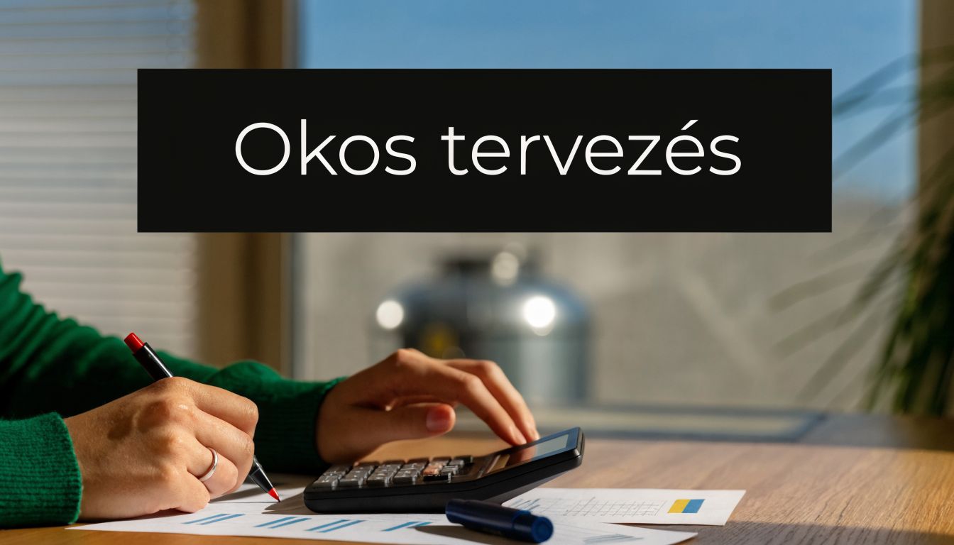 Egy személy keze számológépet használ és jegyzetel egy pénzügyi dokumentumon, miközben okos tervezés felirat látható a képernyőn.