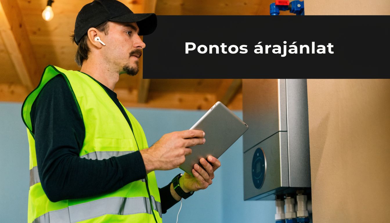 Szerelő fényvisszaverő mellényben tablettel dolgozik, miközben a kazán árajánlatát készíti egy ügyfél számára Kecskeméten.