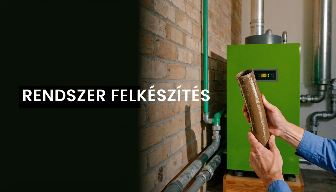 Egy szakember egy szennyezett fűtésrendszer szűrőt tart a kezében a kazáncsere és a rendszer felkészítés során.