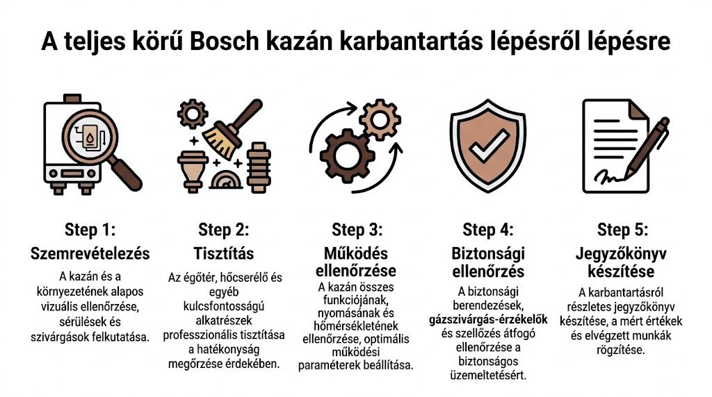 Öt lépésből álló vizuális útmutató a Bosch kazánok teljes körű szakmai karbantartási folyamatáról és ellenőrzéséről.