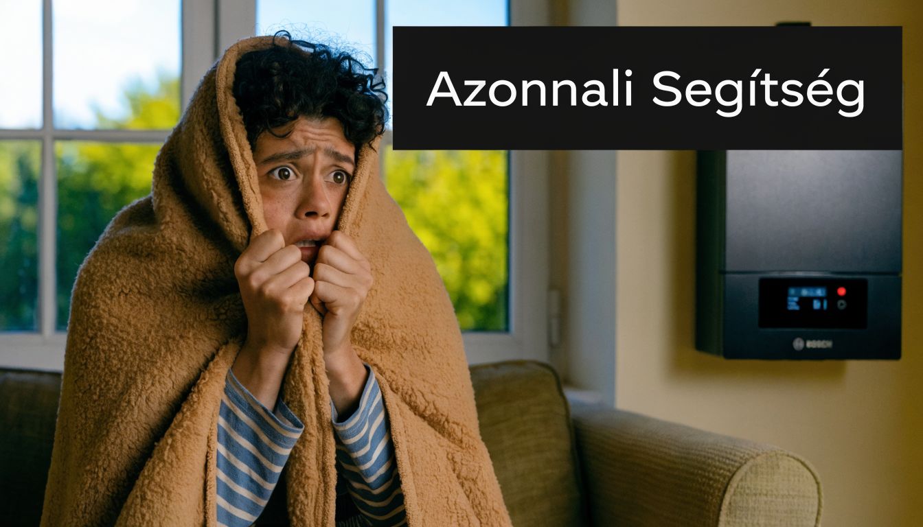 Egy fázó, takaróba burkolózott fiatal fiú ül egy Bosch kazán mellett, azonnali fűtés szerelésre várva.