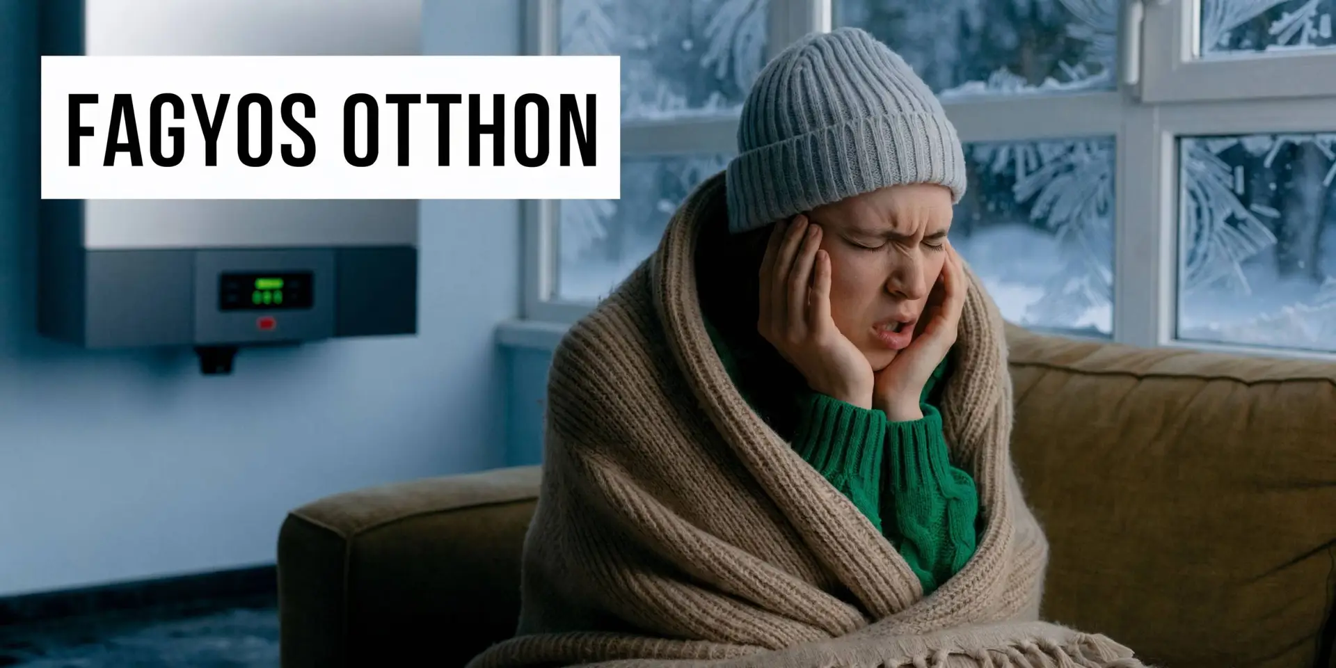 Egy fázó nő takaróba burkolva ül a hideg szobában, a falon egy Bosch kazán látható.