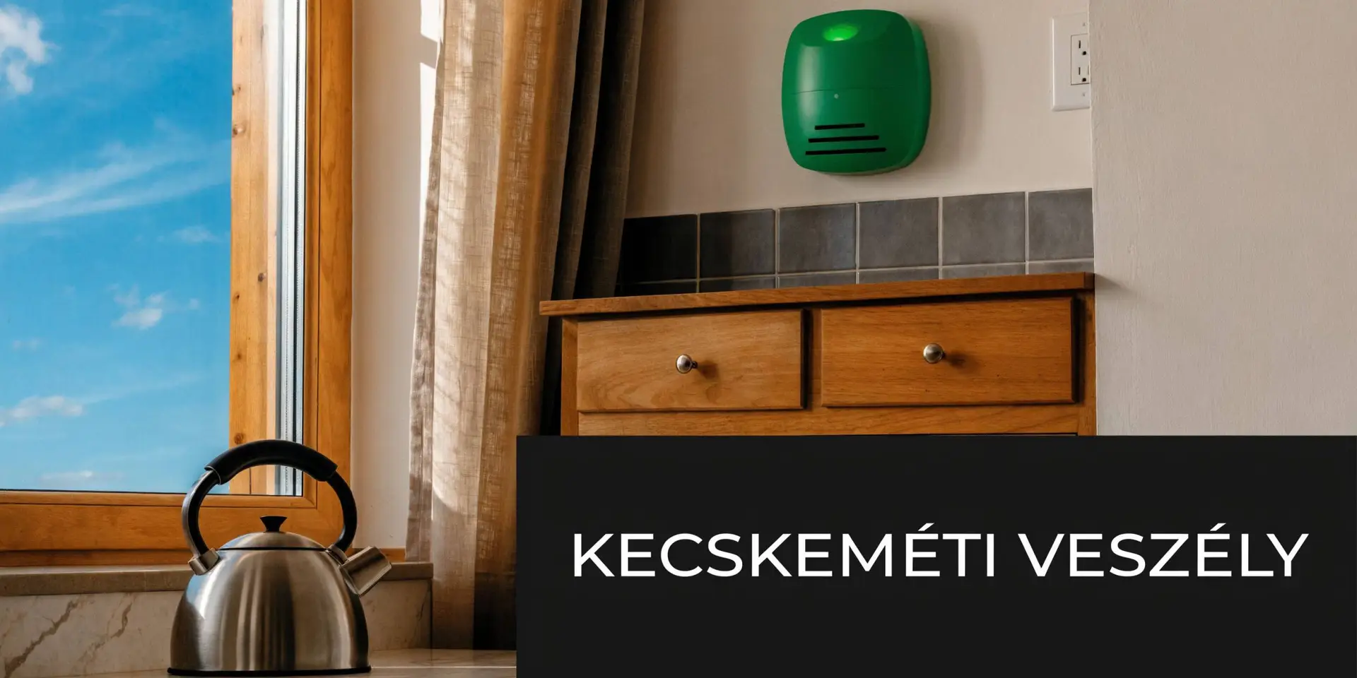 Egy fali gázérzékelő készülék és egy teáskanna egy kecskeméti konyhában, ahol a biztonság különösen fontos szempont.