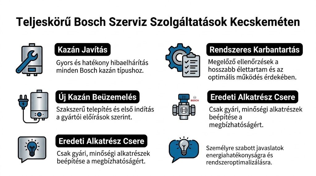 A kecskeméti Bosch kazán szerviz szolgáltatásait bemutató infografika a kazánjavításról, karbantartásról és az eredeti alkatrészek cseréjéről.