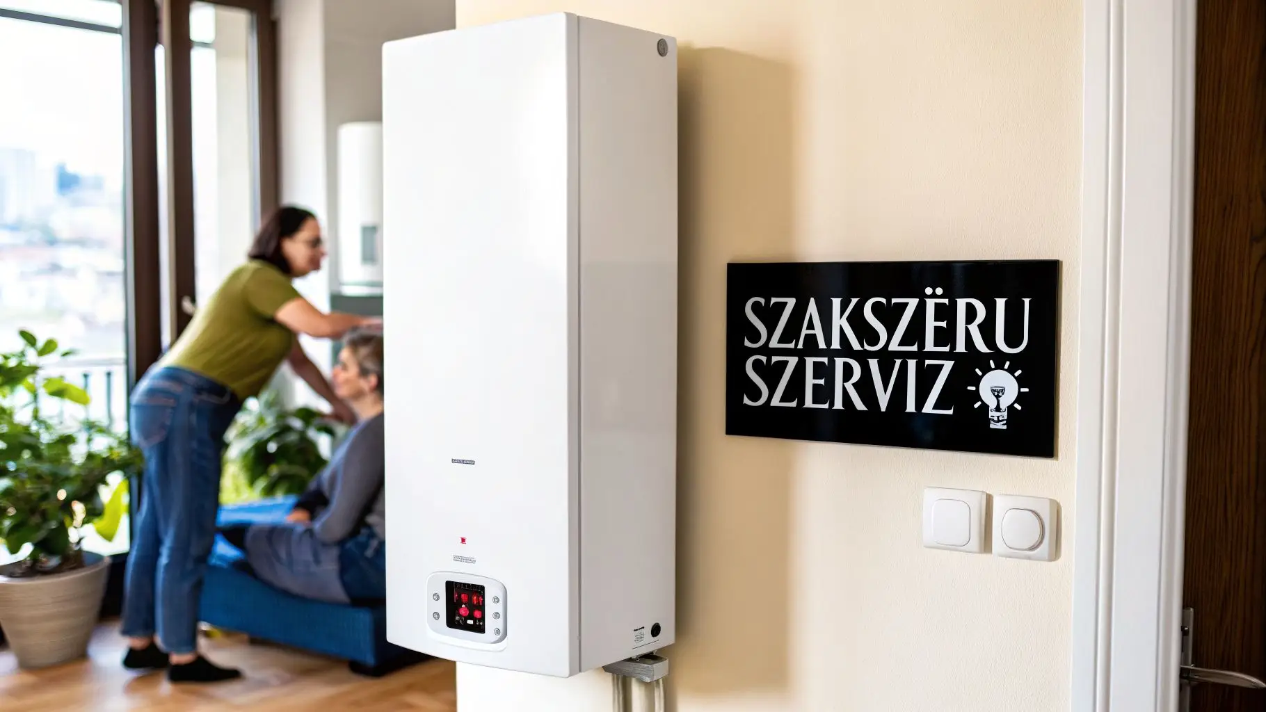 Fehér kondenzációs kazán falra szerelve, mellette 'SZAKSZERŰ SZERVIZ' feliratú tábla. Két nő a háttérben.